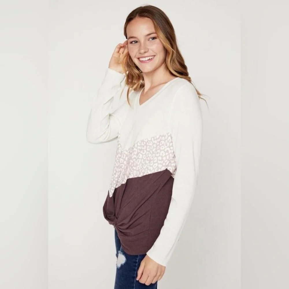 NWT Hailey & Co Animal Print Color Block Long Sleeve Top, Brown/Cream - Picture 9 of 13